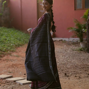 Dark Purple Handloom Orissa Cotton saree With Worli Design
