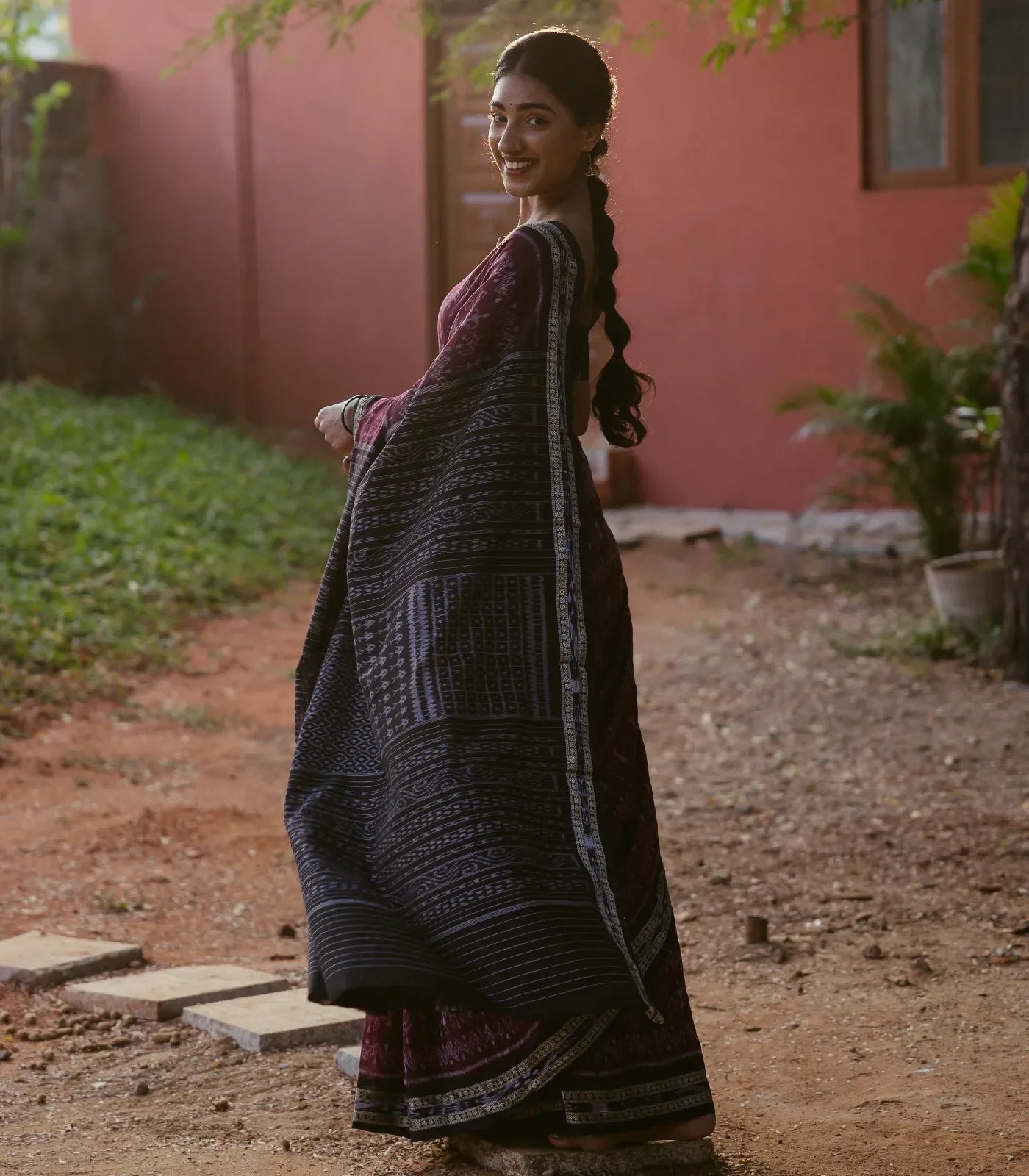 Dark Purple Handloom Orissa Cotton saree With Worli Design