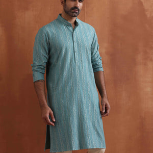 trueBrowns Men's Green Textured Cotton Dobby Kurta