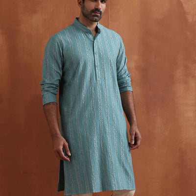 trueBrowns Men's Green Textured Cotton Dobby Kurta