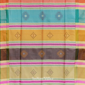 Parrot Green with Multicolor Pure Bishnupuri  Double Pallu Silk Saree