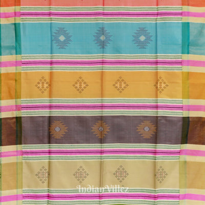 Parrot Green with Multicolor Pure Bishnupuri  Double Pallu Silk Saree