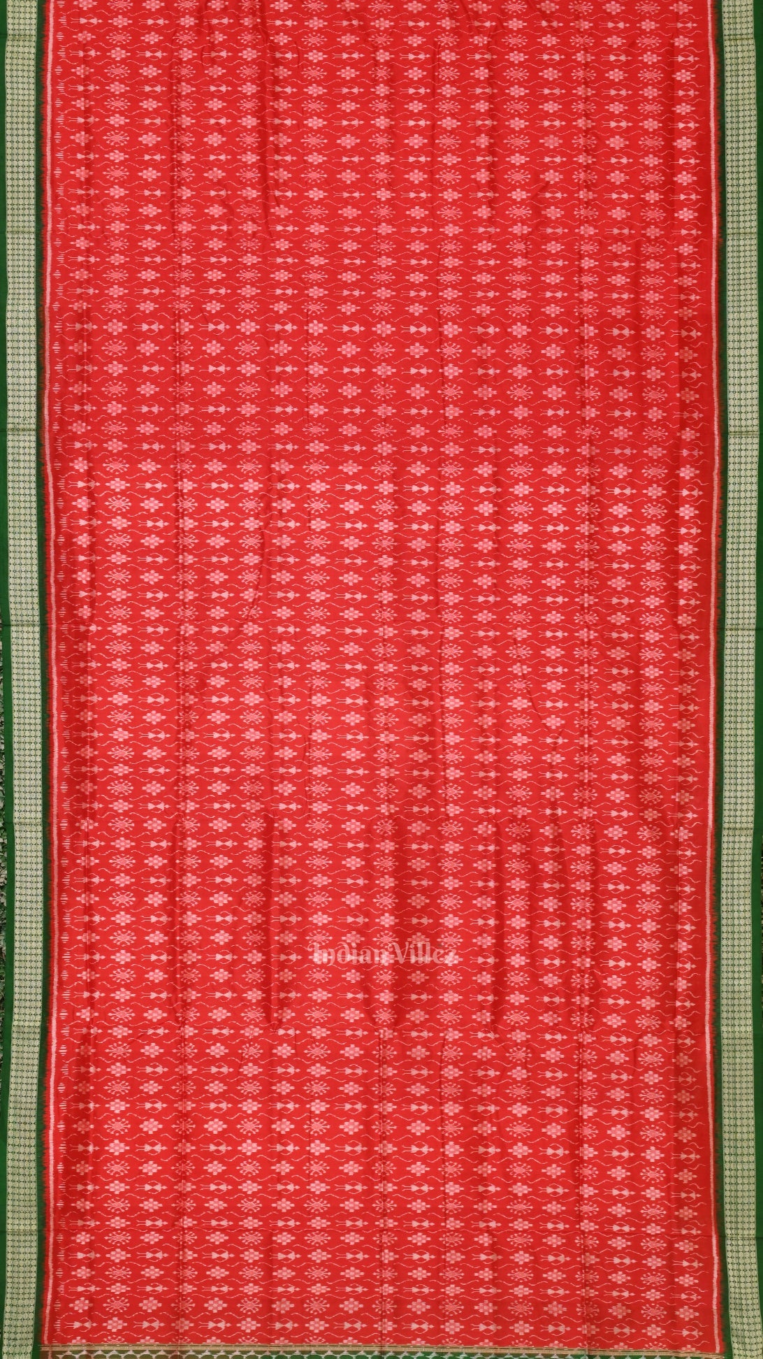 Deep Red Green Tribal Theme Sambalpuri Silk Saree