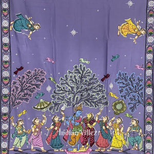 Lavender Radha Krishna Rasleela Hand-Painted Pattachitra Saree
