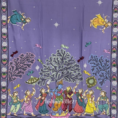 Lavender Radha Krishna Rasleela Hand-Painted Pattachitra Saree