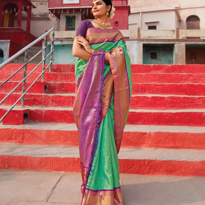 Turquoise Handloom Kanchipuram Korvai Silk Saree With Zari Checks-Turquoise