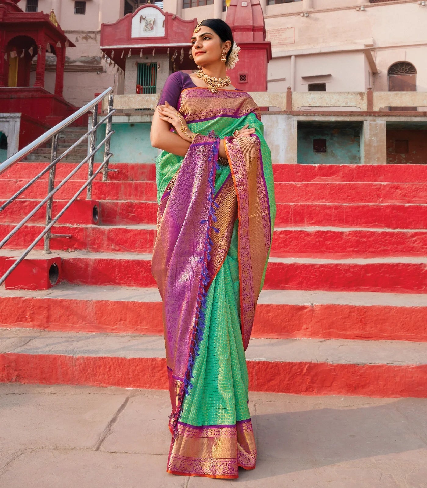 Turquoise Handloom Kanchipuram Korvai Silk Saree With Zari Checks-Turquoise