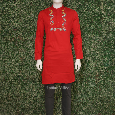 Red Musical Instrumental Hand-Painted Pattachitra Kurta