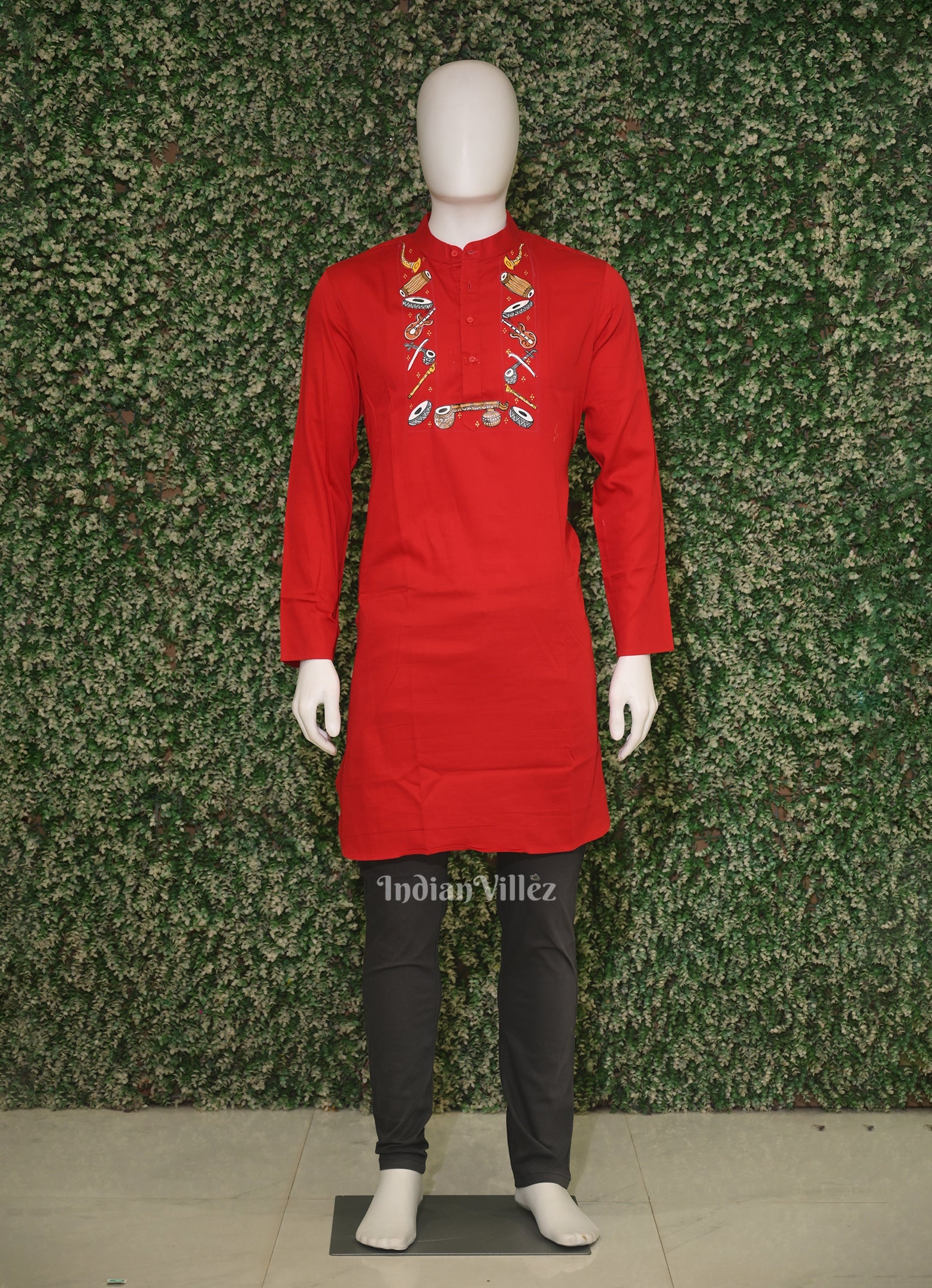 Red Musical Instrumental Hand-Painted Pattachitra Kurta