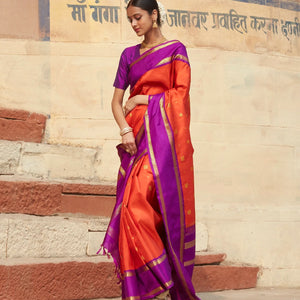 Orange Handloom Kanchipuram Korvai Silk Saree With Annam Buttas