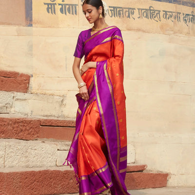 Orange Handloom Kanchipuram Korvai Silk Saree With Annam Buttas