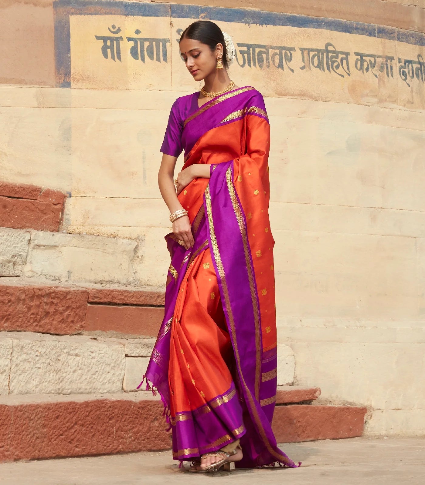 Orange Handloom Kanchipuram Korvai Silk Saree With Annam Buttas