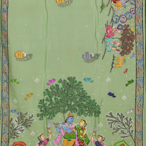 Pista Green Krishna Rasa Leela Hand-Painted Pattachitra Saree (Pre Order)