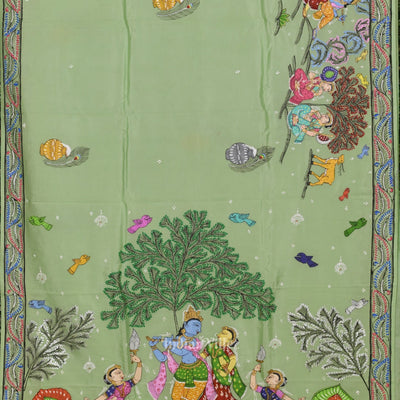 Pista Green Krishna Rasa Leela Hand-Painted Pattachitra Saree (Pre Order)