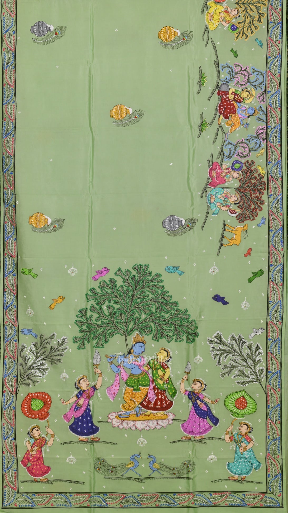 Pista Green Krishna Rasa Leela Hand-Painted Pattachitra Saree (Pre Order)