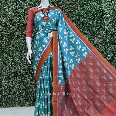 Aqua Blue with Red Odisha Handloom Theme Tree Contemporary Silk Saree