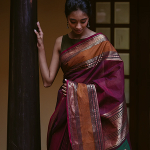Crimson Handloom Kanchi Cotton Saree With Coin Buttas