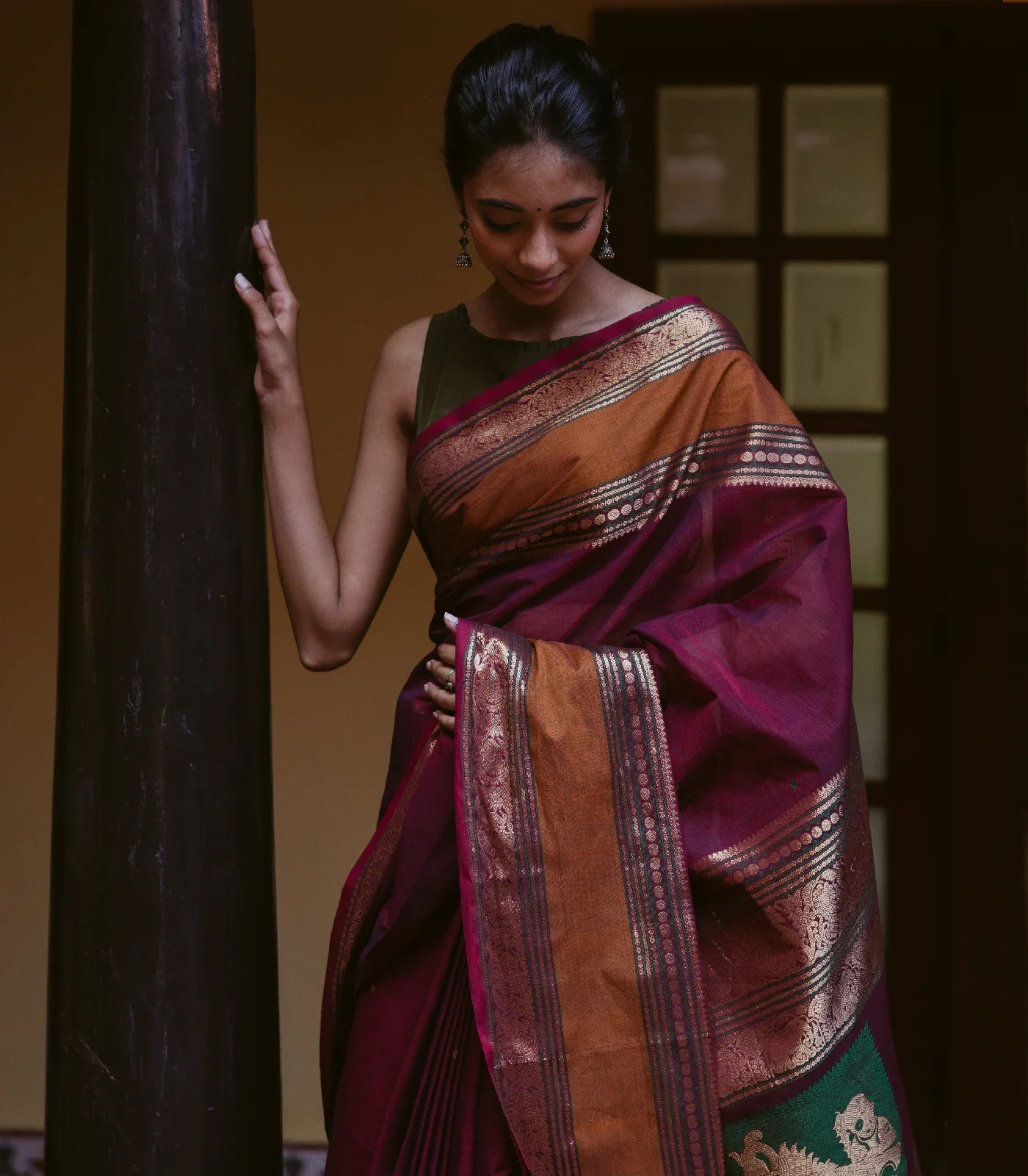 Crimson Handloom Kanchi Cotton Saree With Coin Buttas