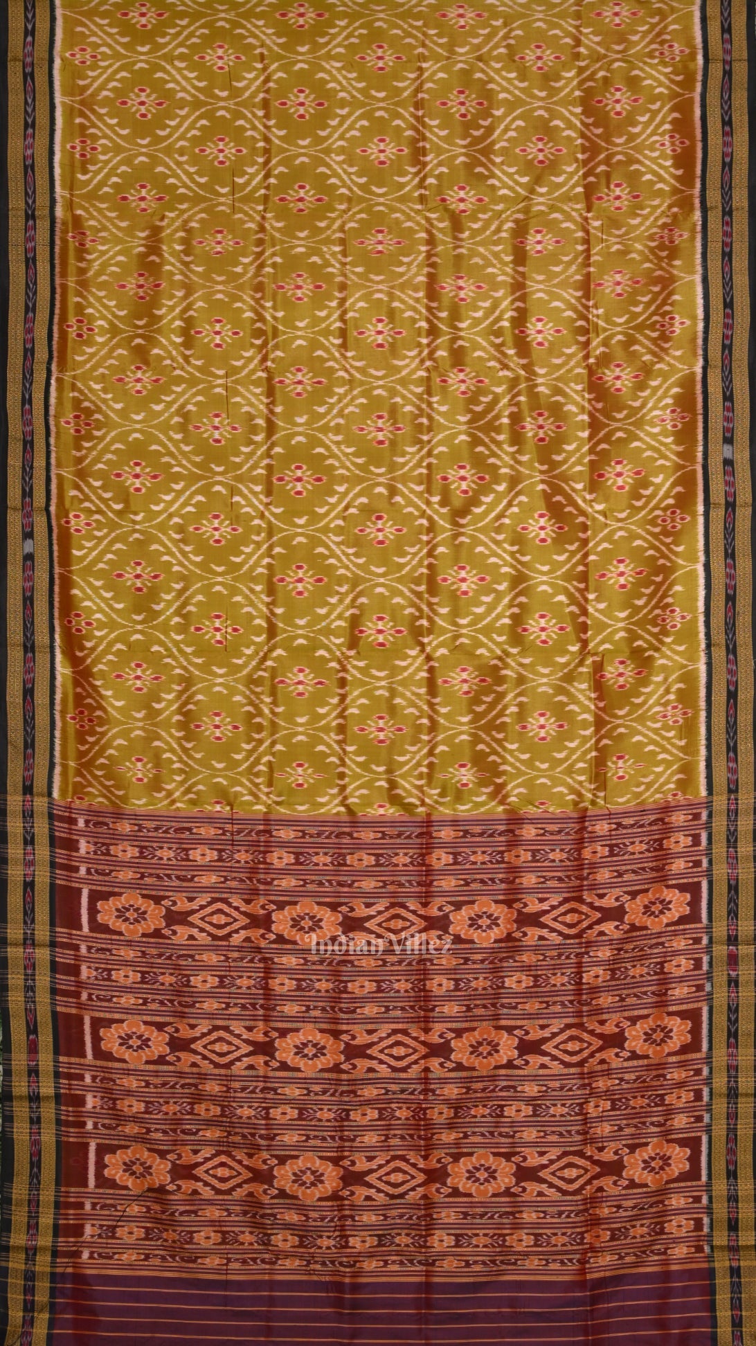 Mehendi Green Maroon Floral Theme Odisha Ikat Khandua Silk Saree
