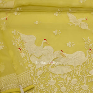 Lemon Yellow Parsi Gara Floral Motif Hand Embroidered Saree