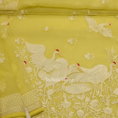Lemon Yellow Parsi Gara Floral Motif Hand Embroidered Saree