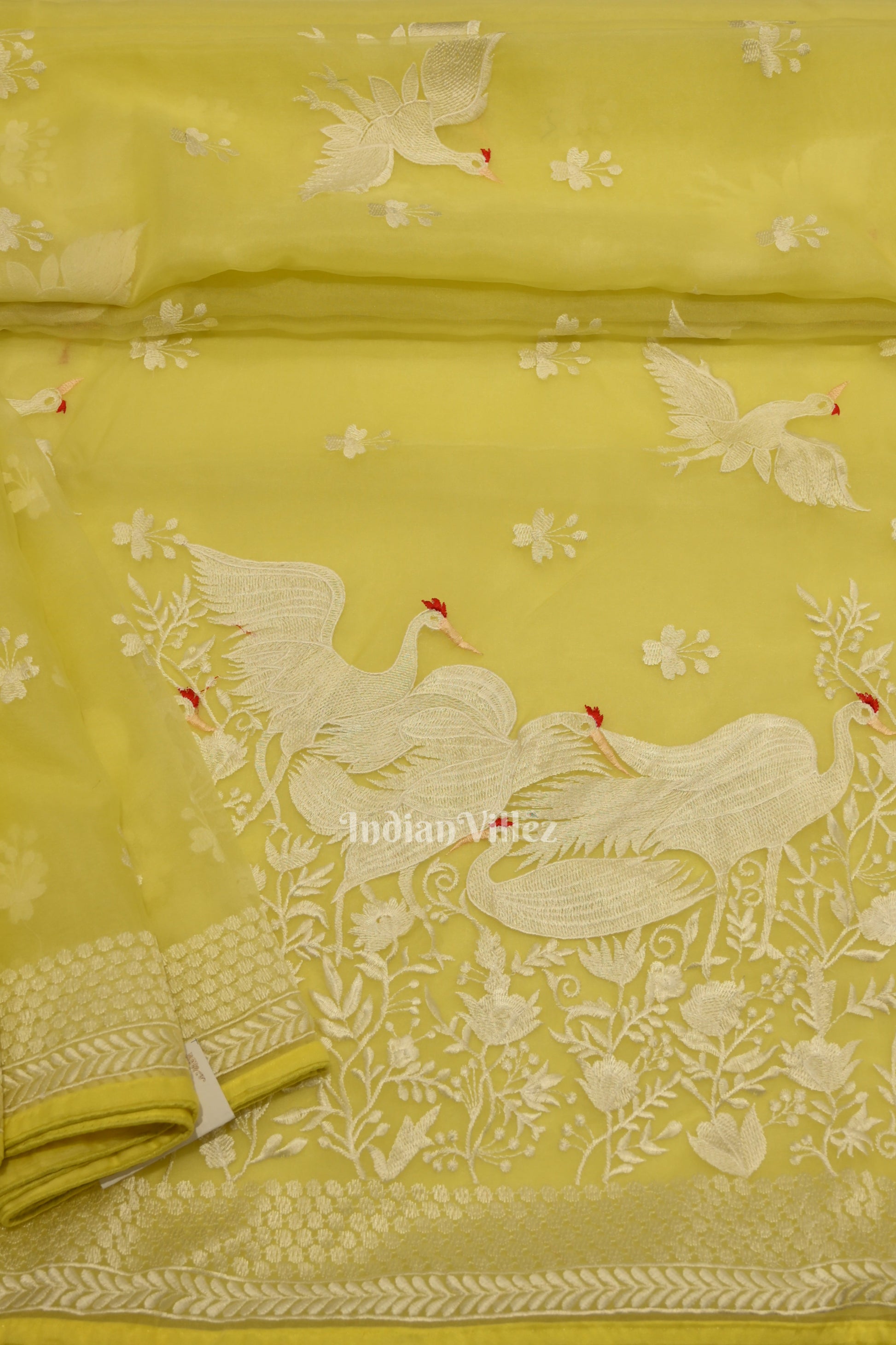 Lemon Yellow Parsi Gara Floral Motif Hand Embroidered Saree