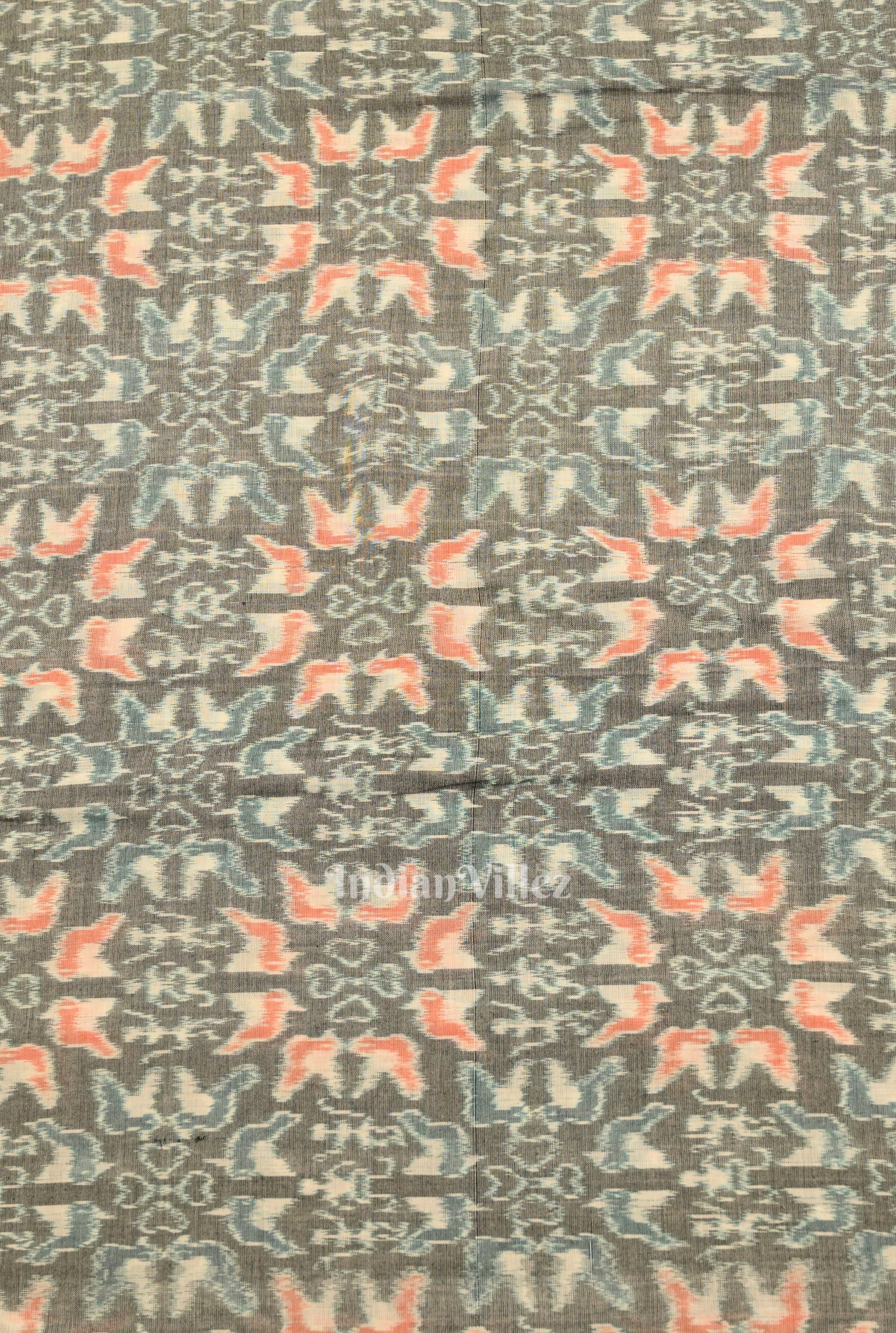 Cement Gray Tribal Flower Theme Sambalpuri Ikat Cotton Fabric