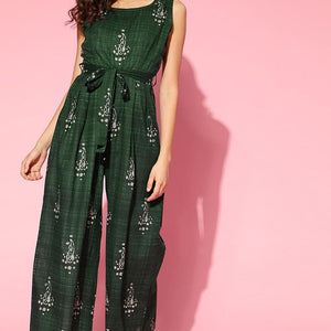 Green Cotton Sleeveless Ethnic Motifs Jumpsuit VJMP1024