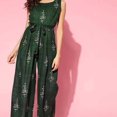 Green Cotton Sleeveless Ethnic Motifs Jumpsuit VJMP1024