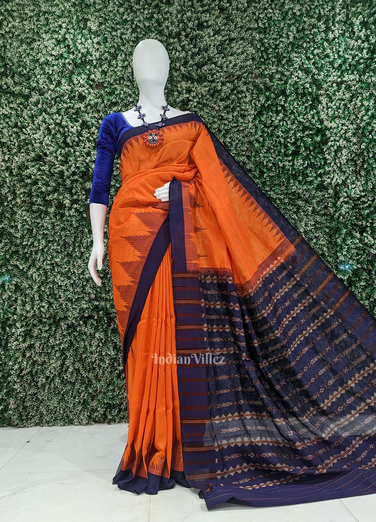 Orange Blue Phoda Kumbha Sambalpuri Cotton Tissue Saree
