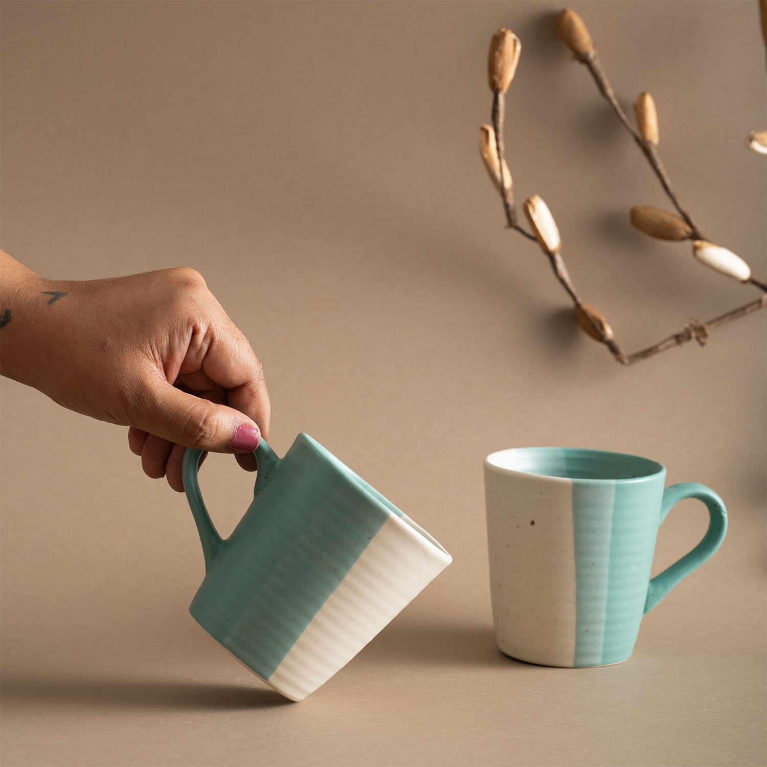 Handmade Ceramic Tea / Coffee Mugs, Set of 2, Ocean Green Pearl