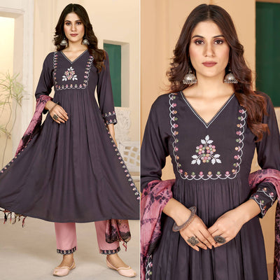 Brown Embroidered Rayon Suit