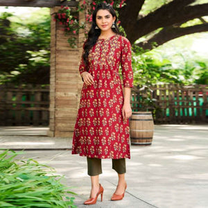 Maroon Jaipuri Printed Pure Cotton Kurti