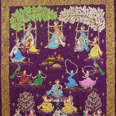 Parrot Green With Violet Raja Theme Hand-Painted Pattachitra Saree