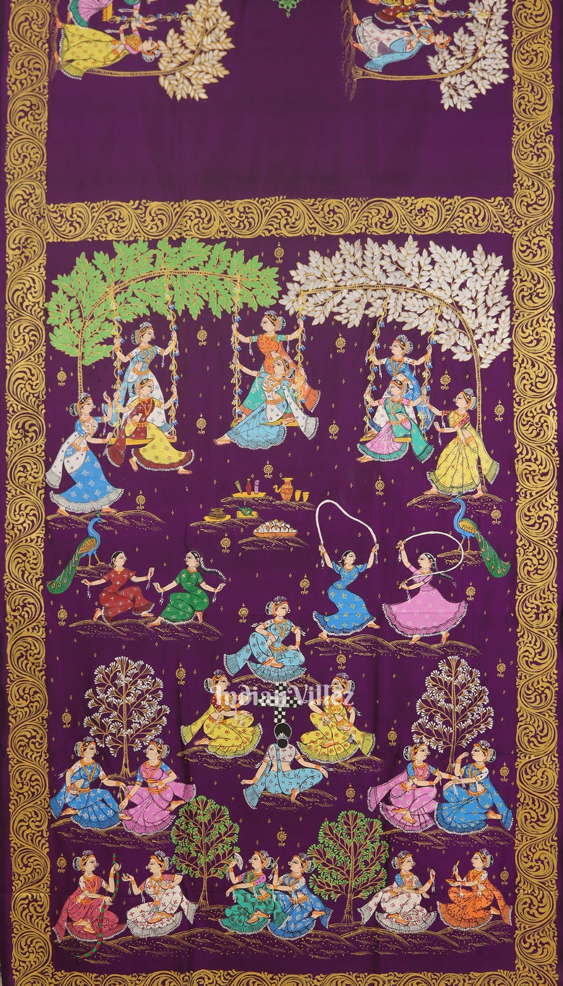 Parrot Green With Violet Raja Theme Hand-Painted Pattachitra Saree