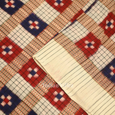 White Multi Color Check Sambalpuri Pasapali Cotton Fabric