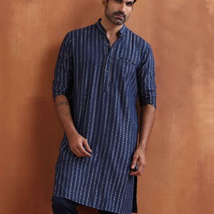 trueBrowns Men's Blue Cotton Dobby Kurta