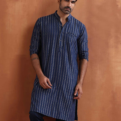 trueBrowns Men's Blue Cotton Dobby Kurta