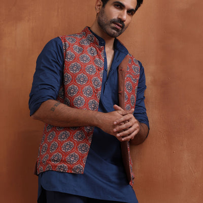 trueBrowns Men's Rust Printed Reversible Nehru Jacket