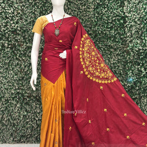 Yellow Red Floral Motif Pure Silk Hand Embroidered Saree