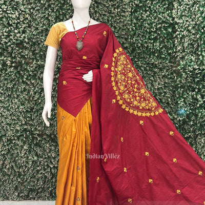 Yellow Red Floral Motif Pure Silk Hand Embroidered Saree