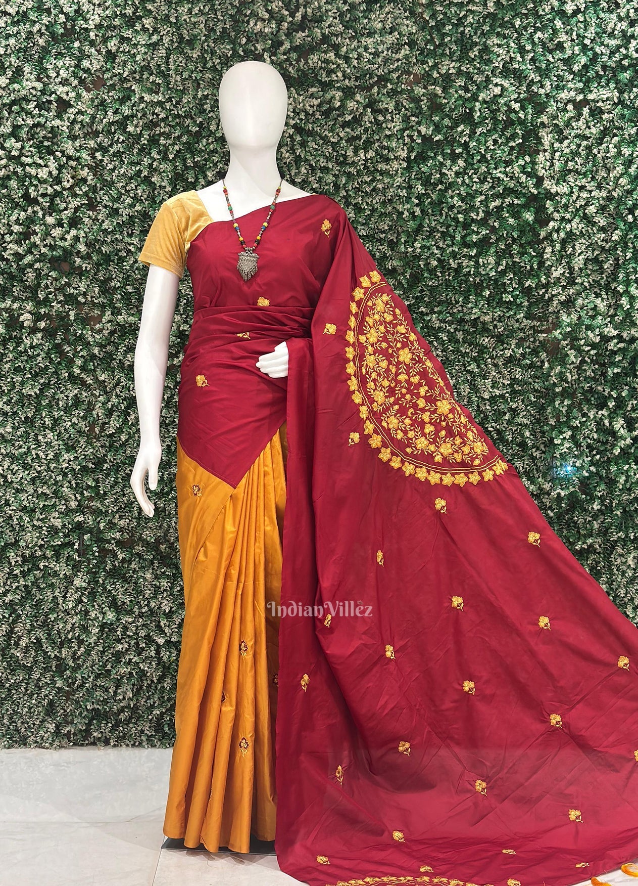 Yellow Red Floral Motif Pure Silk Hand Embroidered Saree