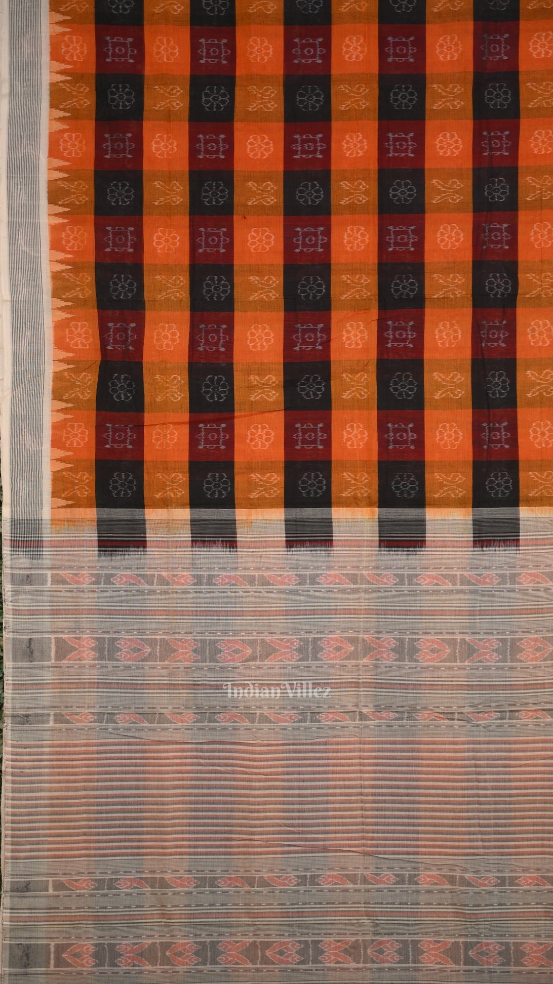 Orange Black Pure Sambalpuri Cotton Saree