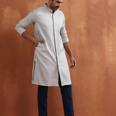 trueBrowns Men's Grey Chanderi Front Open Kurta