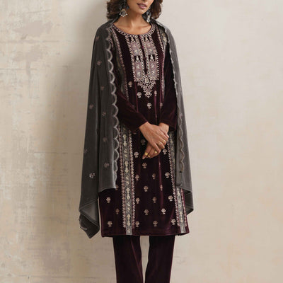 trueBrowns Purple Velvet Floral Embroidered Kurta Pant Dupatta Set