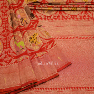 Red Shikargah Theme Khaddi Georgette Banarasi Saree