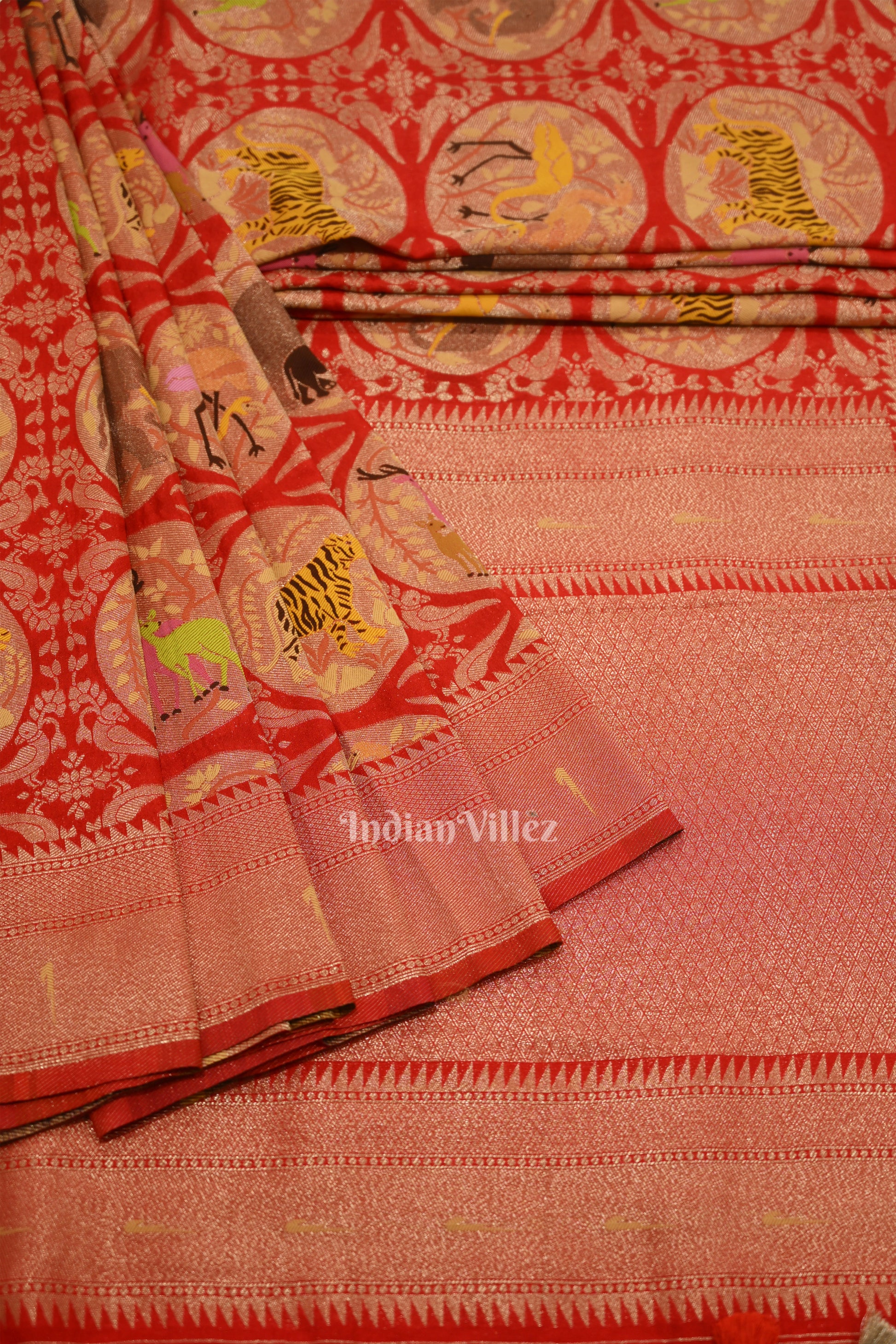 Red Shikargah Theme Khaddi Georgette Banarasi Saree