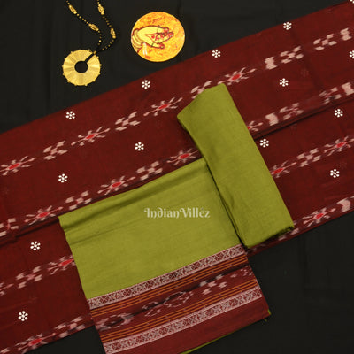 Maroon Parrot Green Flower Buti Odisha Ikat  Sambalpuri Dress Set & Dupatta