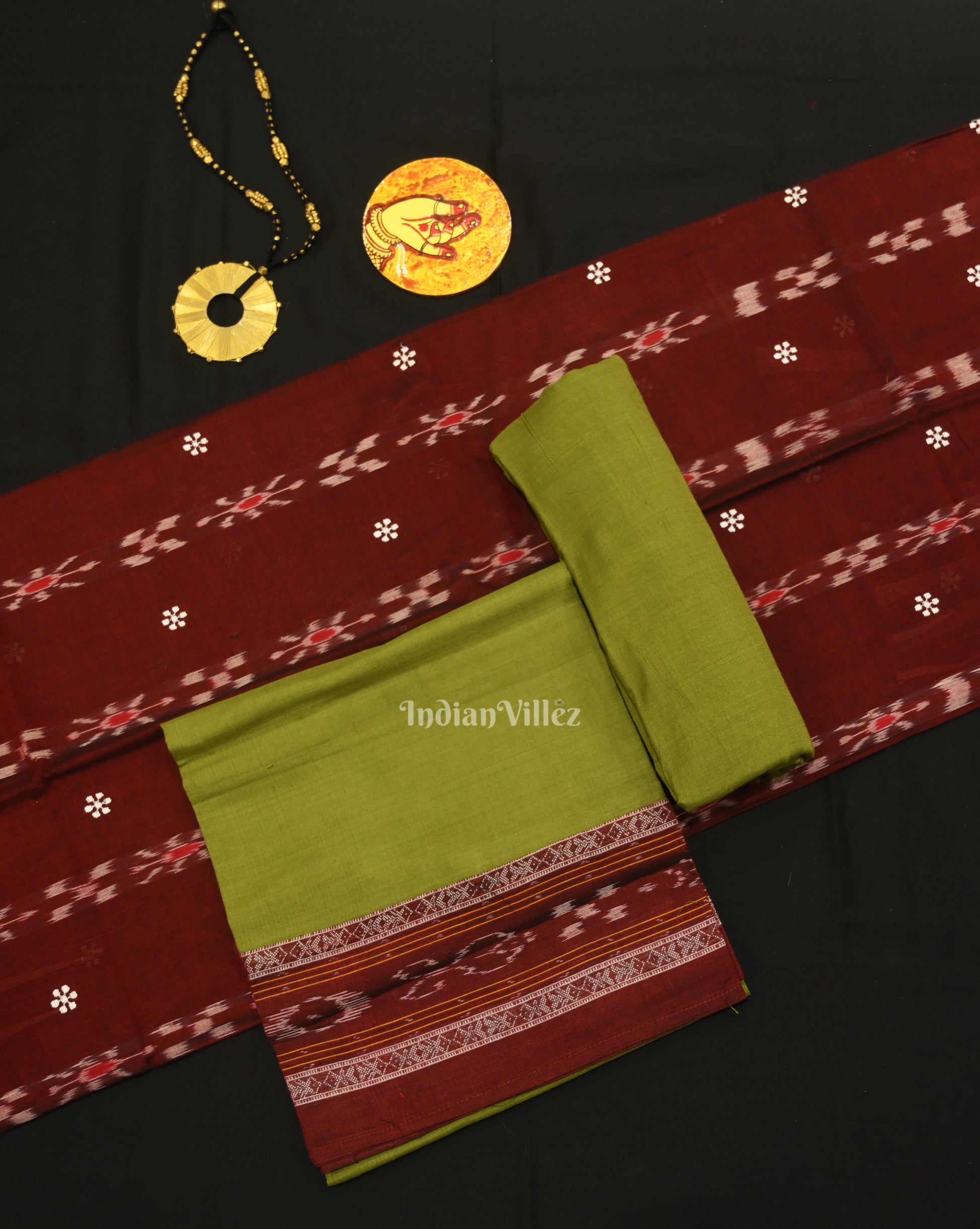Maroon Parrot Green Flower Buti Odisha Ikat  Sambalpuri Dress Set & Dupatta