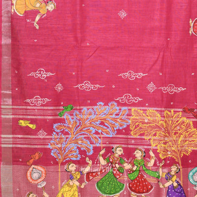 Rani Pink Raja Doli Theme Hand- Painted Pattachitra Saree